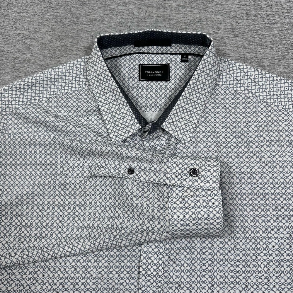7 Diamonds Shirt Mens XL White Gray Saturday Express 4 Way Stretch Long Sleeve